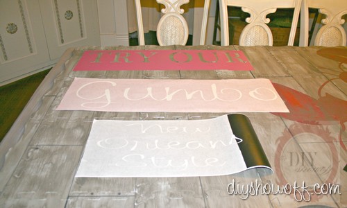 do it yourself, tutorial, painted kitchen foam mat, rustic restaurant sign