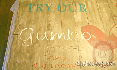 do it yourself, tutorial, painted foam playmat, DIY floor mat, stencil, aged, distressed