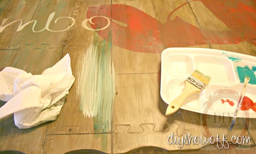 kitchen mat, do it yourself, red, turquoise, aged, distressed, DIY tutorial