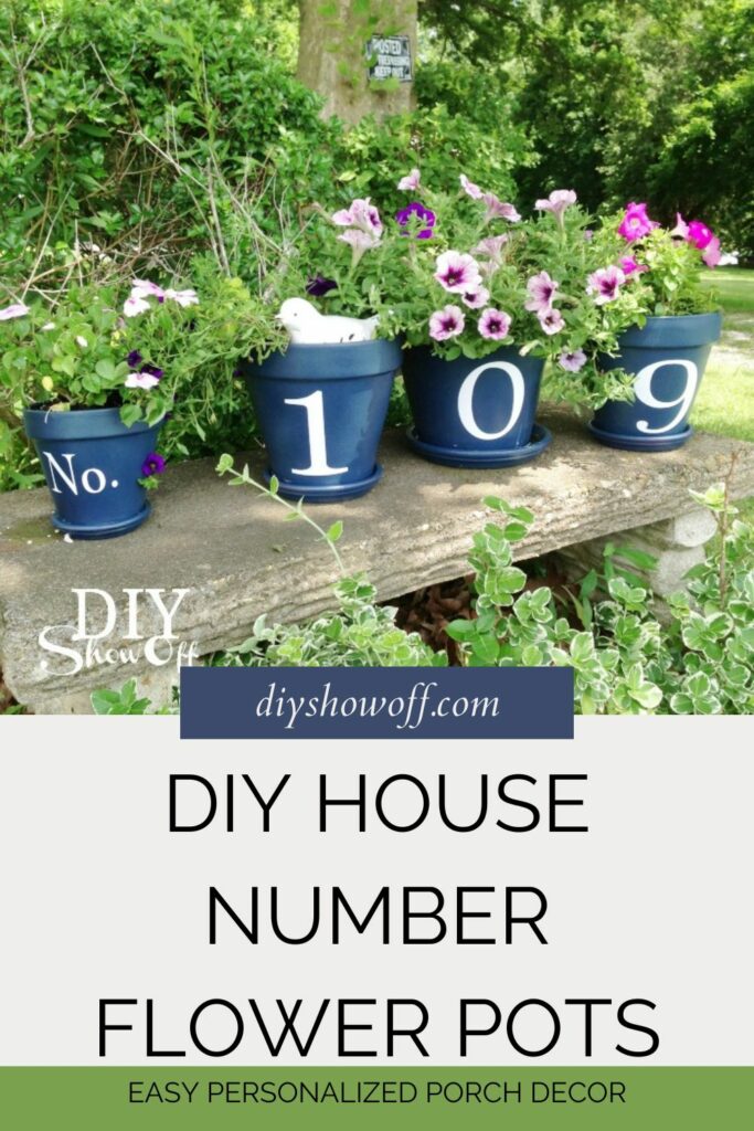 blue house number flower pots on garden bench