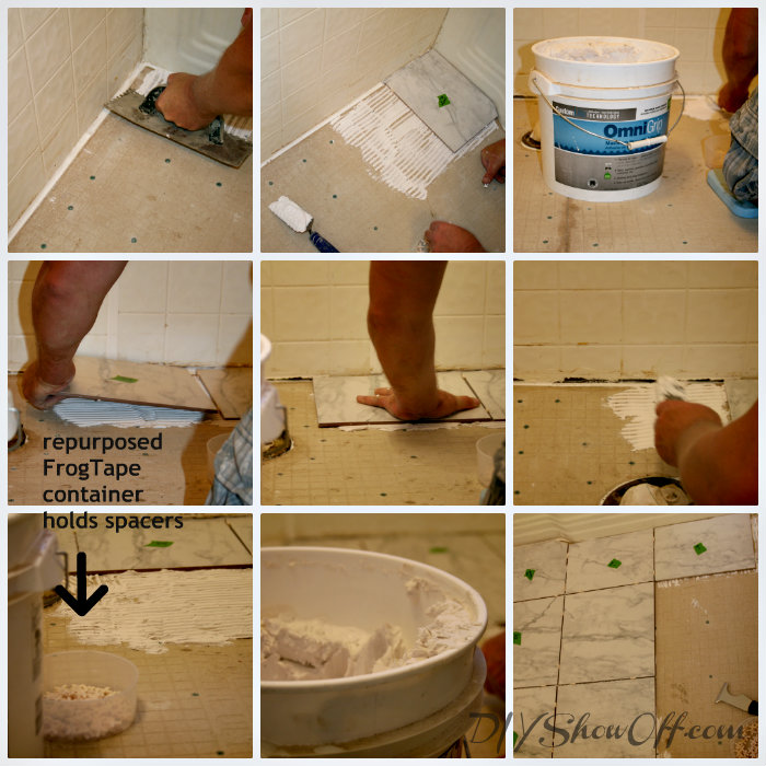 process of tiling a bathroom floor