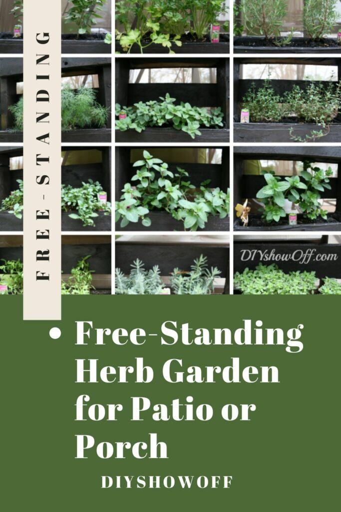 Close-up views of herbs growing in a free-standing pallet herb garden with vertical planting pockets