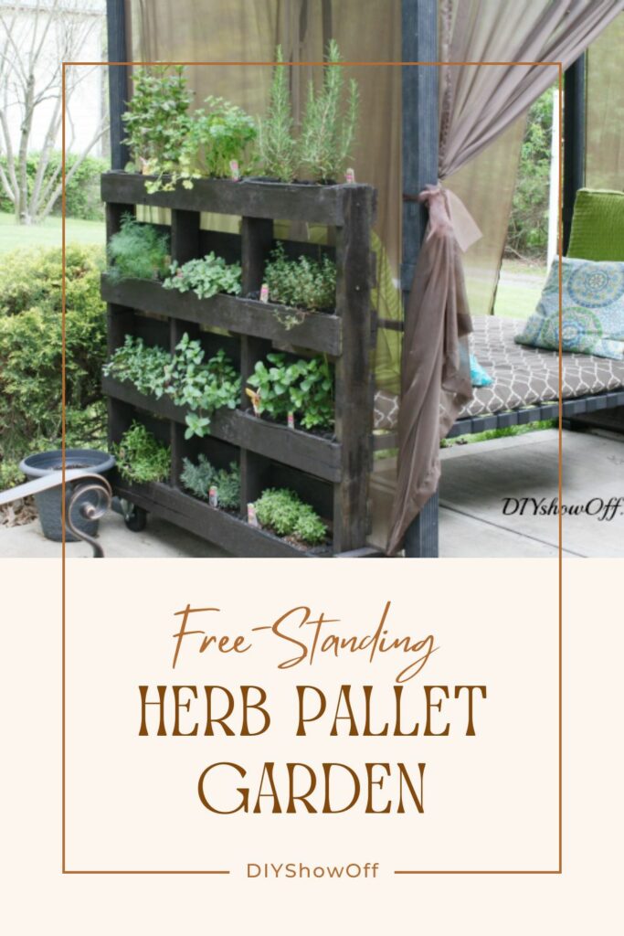 Free-standing pallet herb garden on a patio with tiered rows of basil, mint, and other fresh herbs