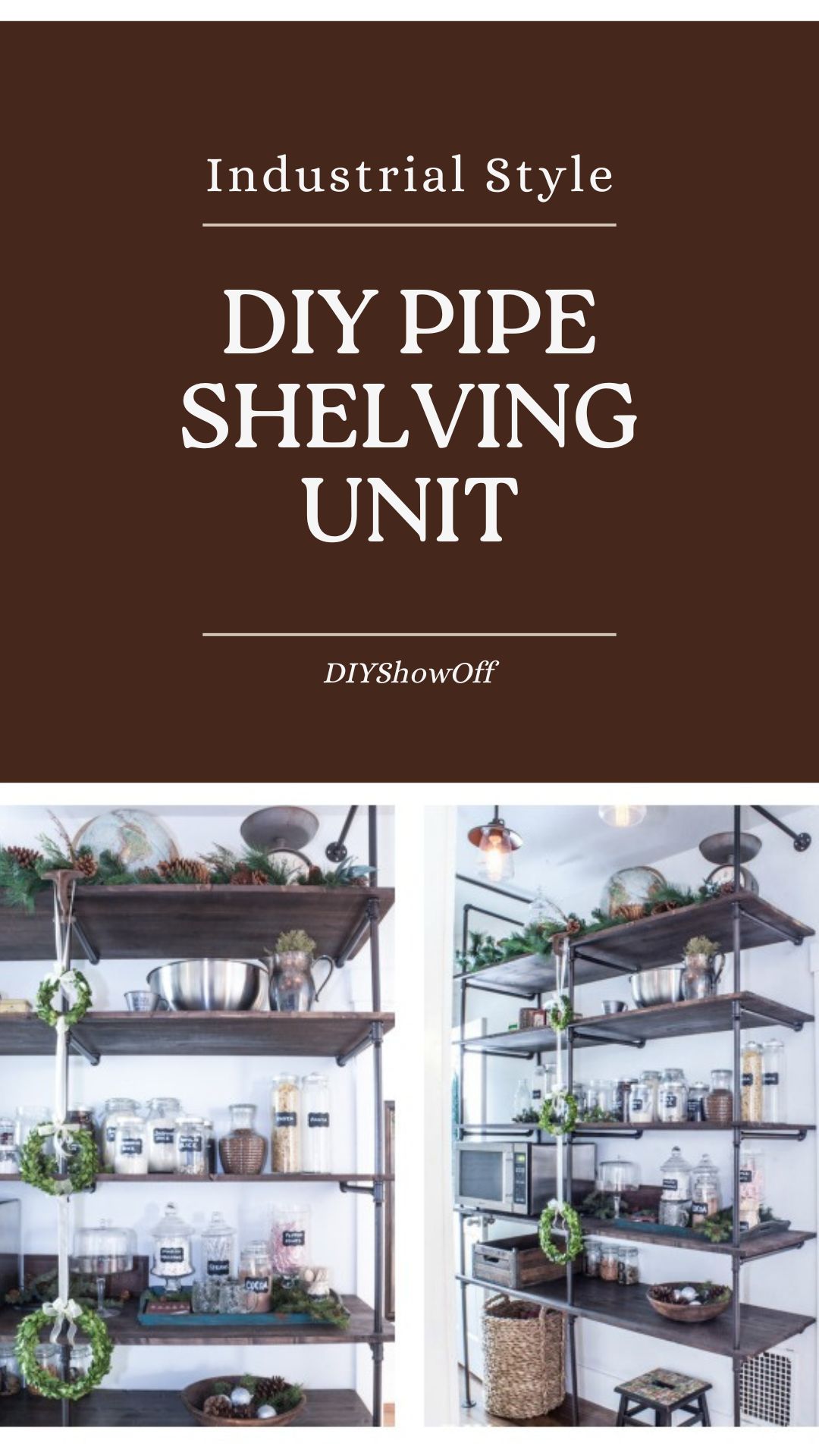 DIY pipe shelving unit in industrial style with wood shelves and black pipe frame for pantry storage
