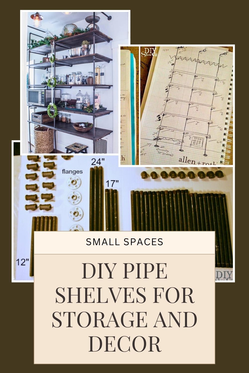 DIY pipe shelving materials including black pipe fittings, wood shelves, and planning sketch for custom shelving unit