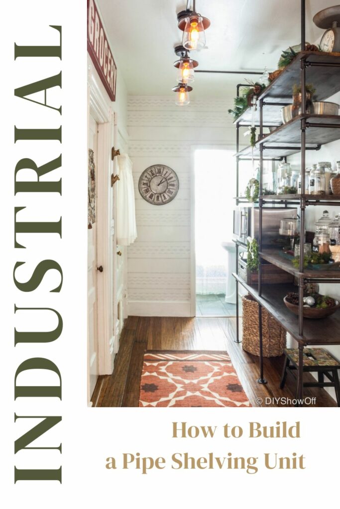 DIY industrial pipe shelving unit in pantry with wood shelves and black pipe frame for storage and decor