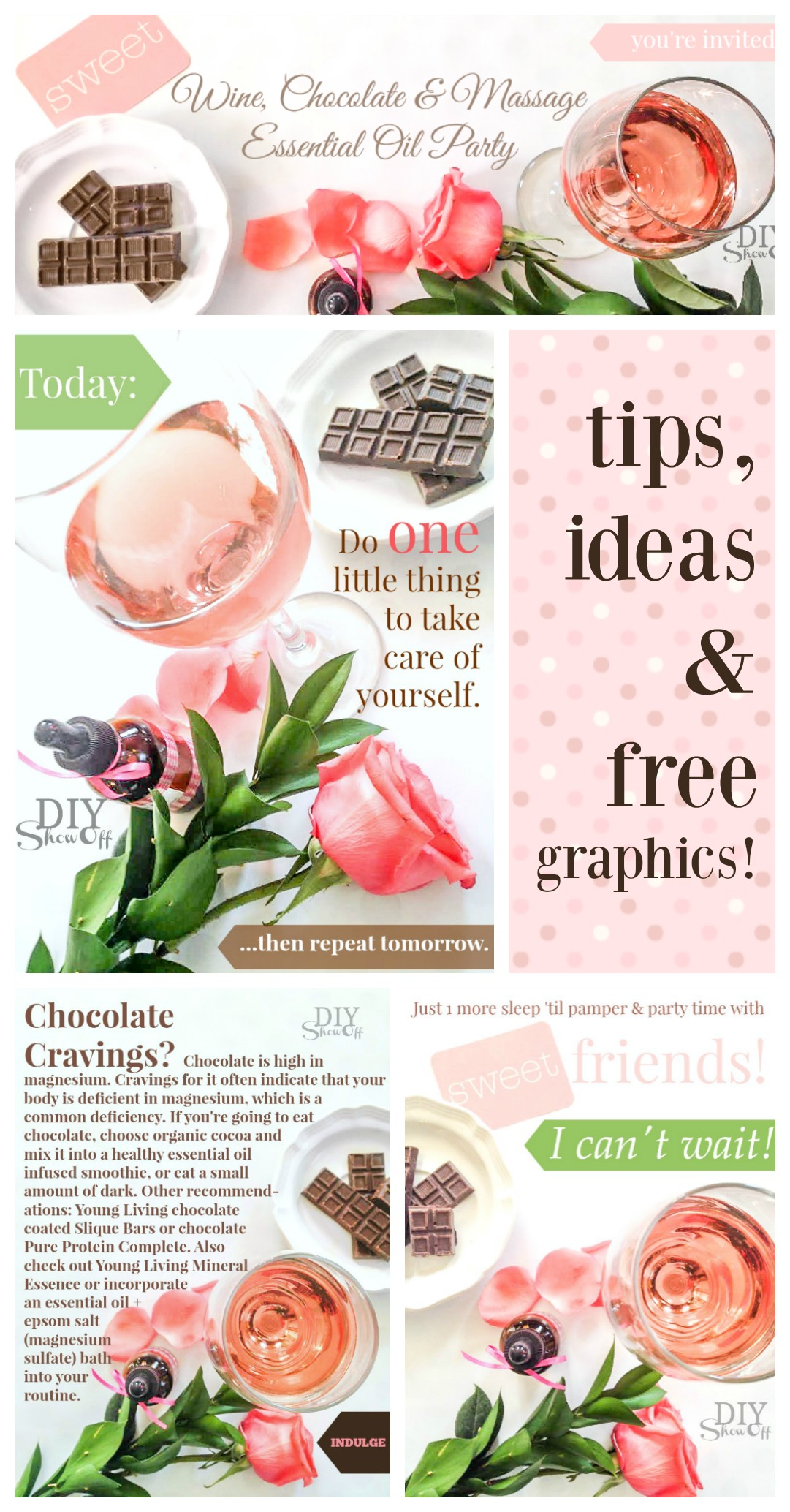 How fun! Get free graphics, tips and ideas for hosting an essential oils party with a chocolate & massage theme @diyshowoff