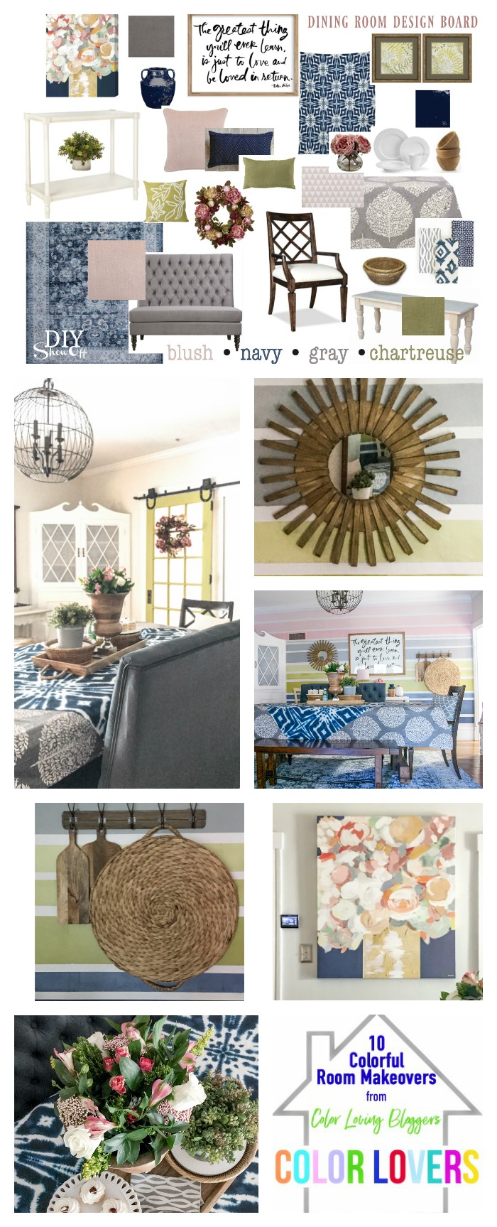 Color Lover's Room Makeover - dining room reveal @diyshowoff (navy, chartreuse, blush and gray for a soft but colorful fresh new look) #colorlovers #birchlanecolorlovers #TheMinecolorlovers #mintedcolorlovers 