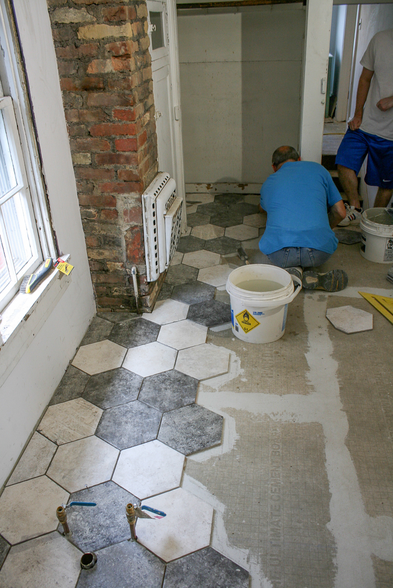 Bathroom Makeover - Shaw Floors hexagon porcelain tile SanFrancisco @diyshowoff #helloredreno