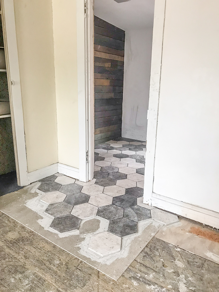 Bathroom Makeover - Shaw Floors hexagon porcelain tile SanFrancisco @diyshowoff #helloredreno