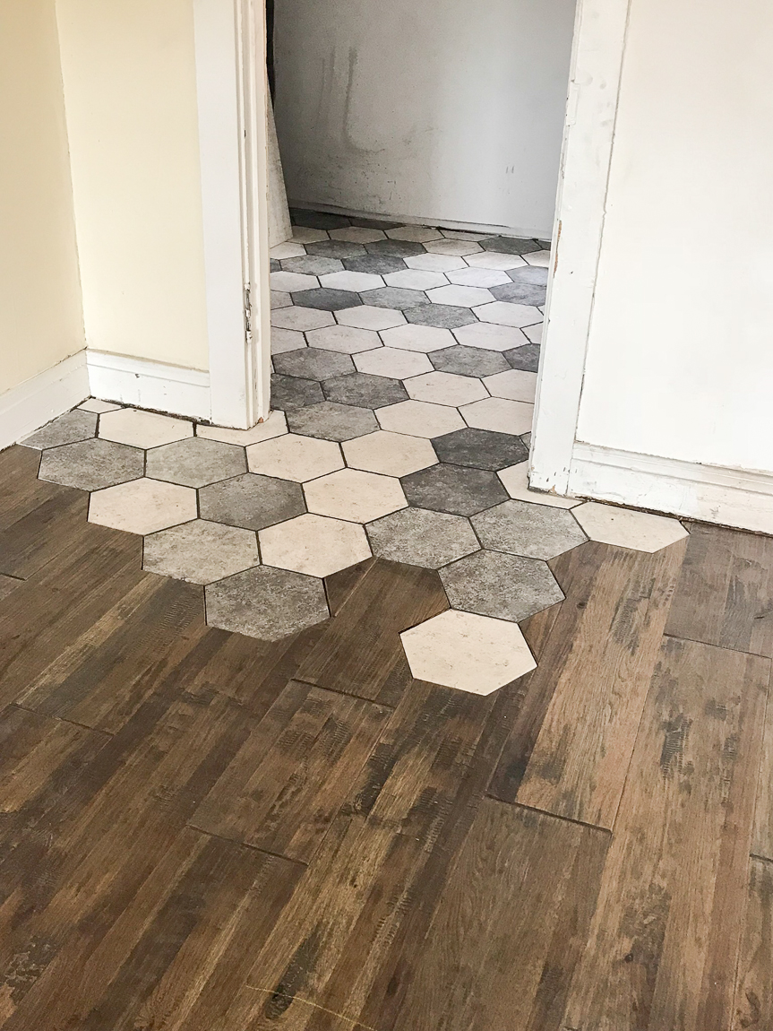 hexagon tile to hardwood transition
