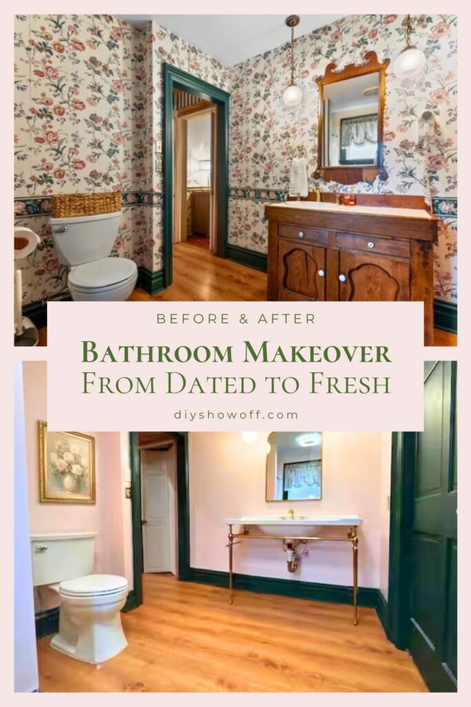Bathroom makeover before and after showing a dated bathroom transformed into a fresh, inviting space