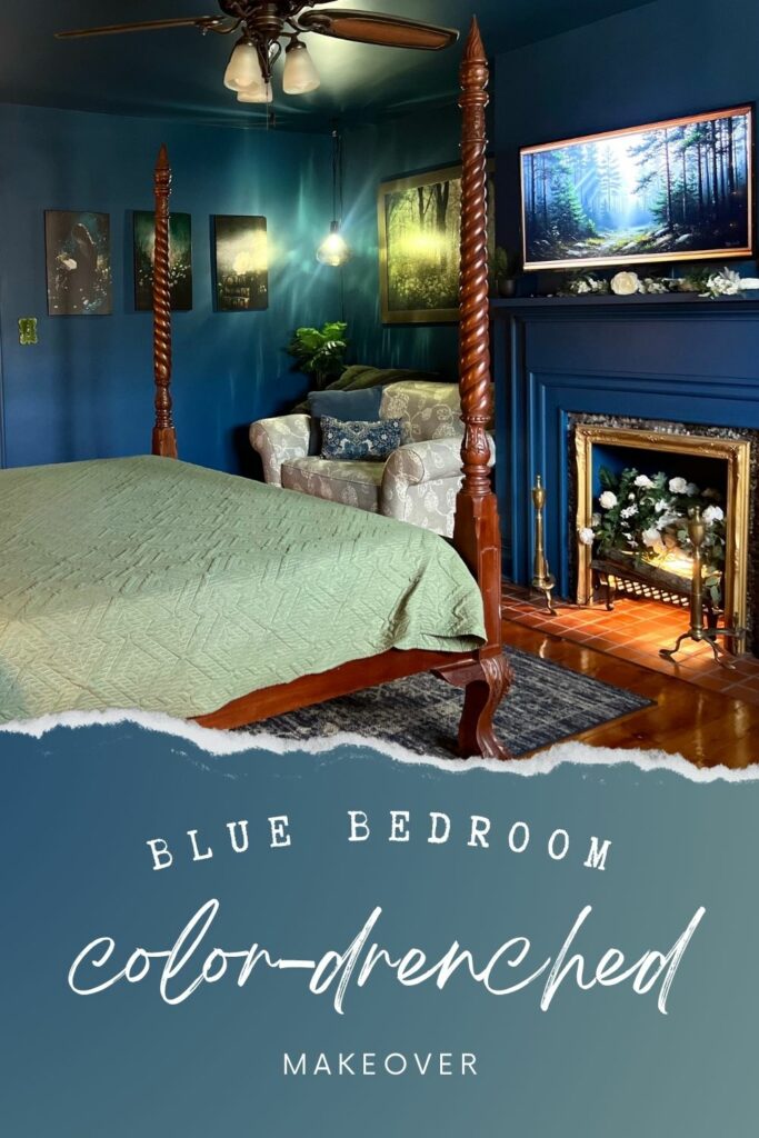 blue color drenched bedroom makeover