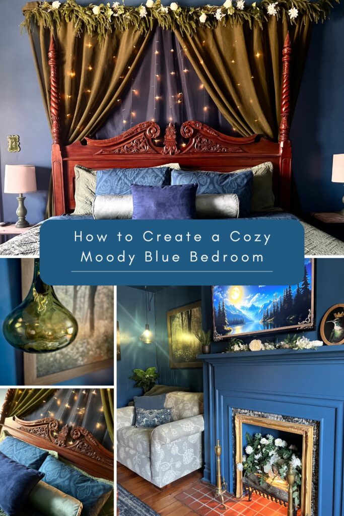 moody color drenched blue bedroom collage
